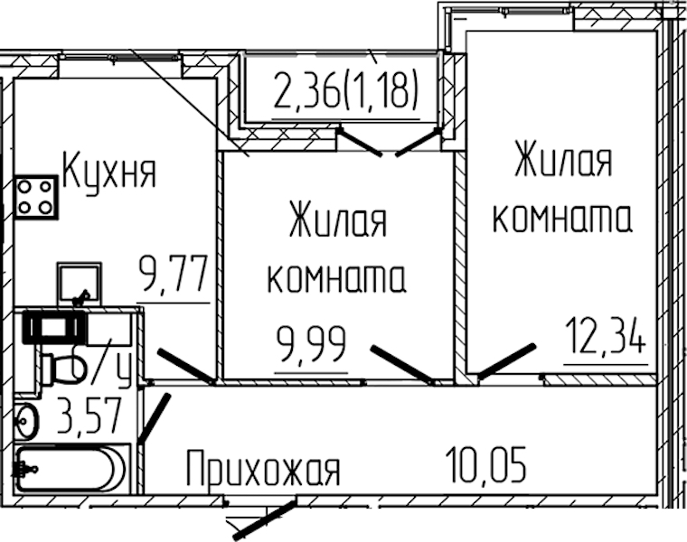 2-комнатная квартира 46.9 м², 5/6 эт., ЖК «SERTOLOVO PARK»